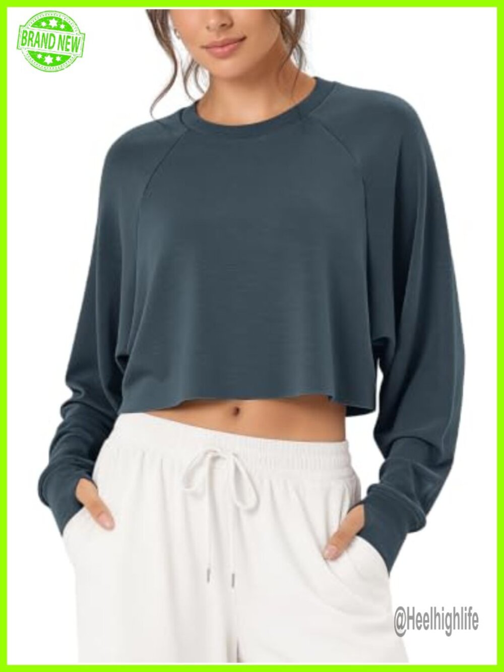 Modal Soft Cropped Sweatshirt Long Sleeve Thumb Hole Crewneck Pullover